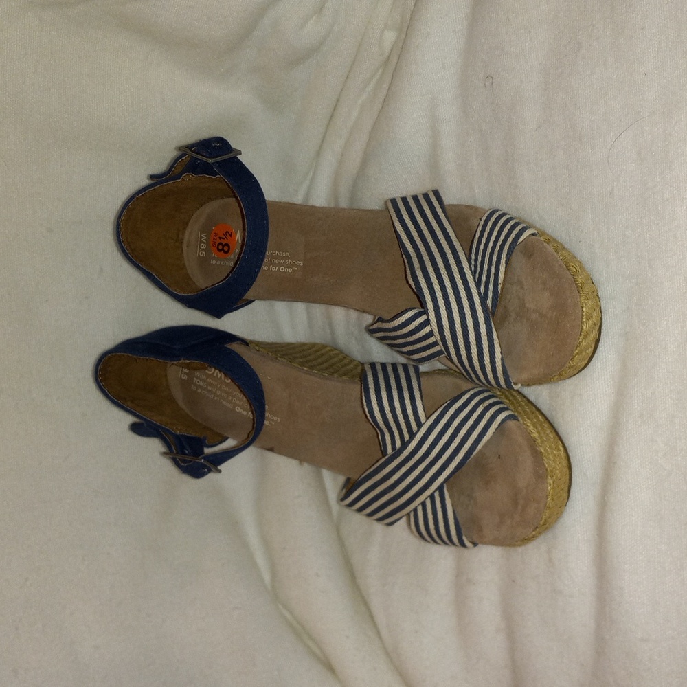 Toms Wedge Sandals Denim Jean Blue Stripe Espadrilles Size 8.5